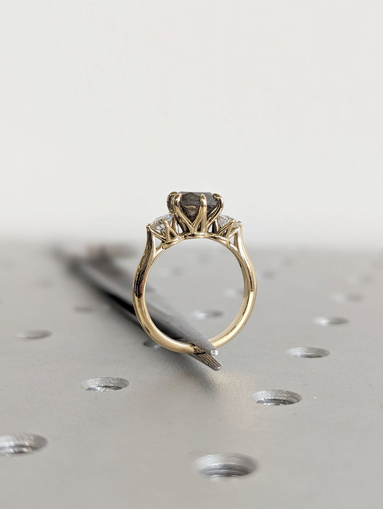 Round cut Salt and Pepper Galaxy Diamond 3 Stone Trilogy Engagement Cocktail Ring | 14K 18K Yellow Gold Wedding Band Bridal Jewelry for Her