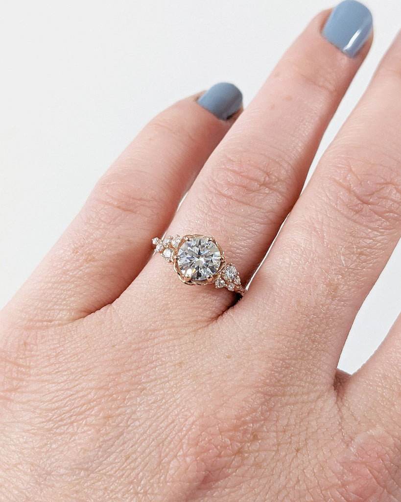 Unique Blooming Rose Round cut Moissanite Proposal Ring for Her | 14K 18K Rose Gold Snowdrift Moissanite Cluster Wedding Anniversary Ring | Floral Bridal Jewelry