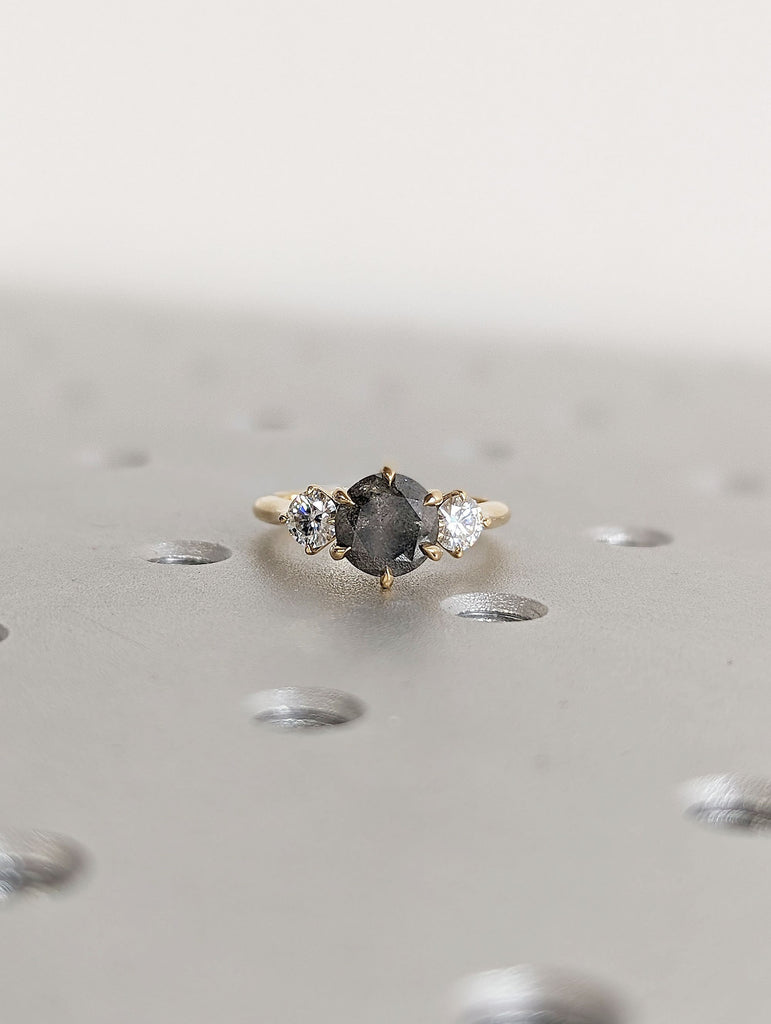 2ct Natural Salt and Pepper Grey Diamond Unique Women Proposal Ring | Polished Yellow Gold Band Multi Stone Diamond Trinity Anniversary Ring