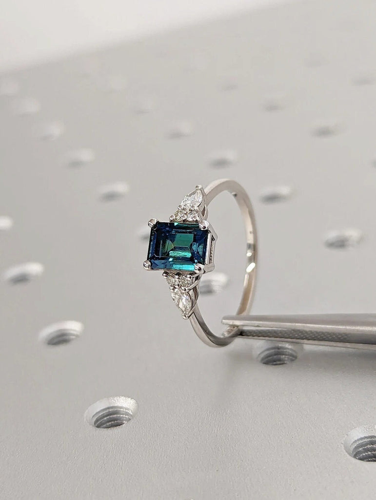 Emerald cut Montana Teal Sapphire Women Wedding Anniversary Ring | 14K White Gold Moissanite Cluster Promise Ring | Art Deco Cocktail Ring