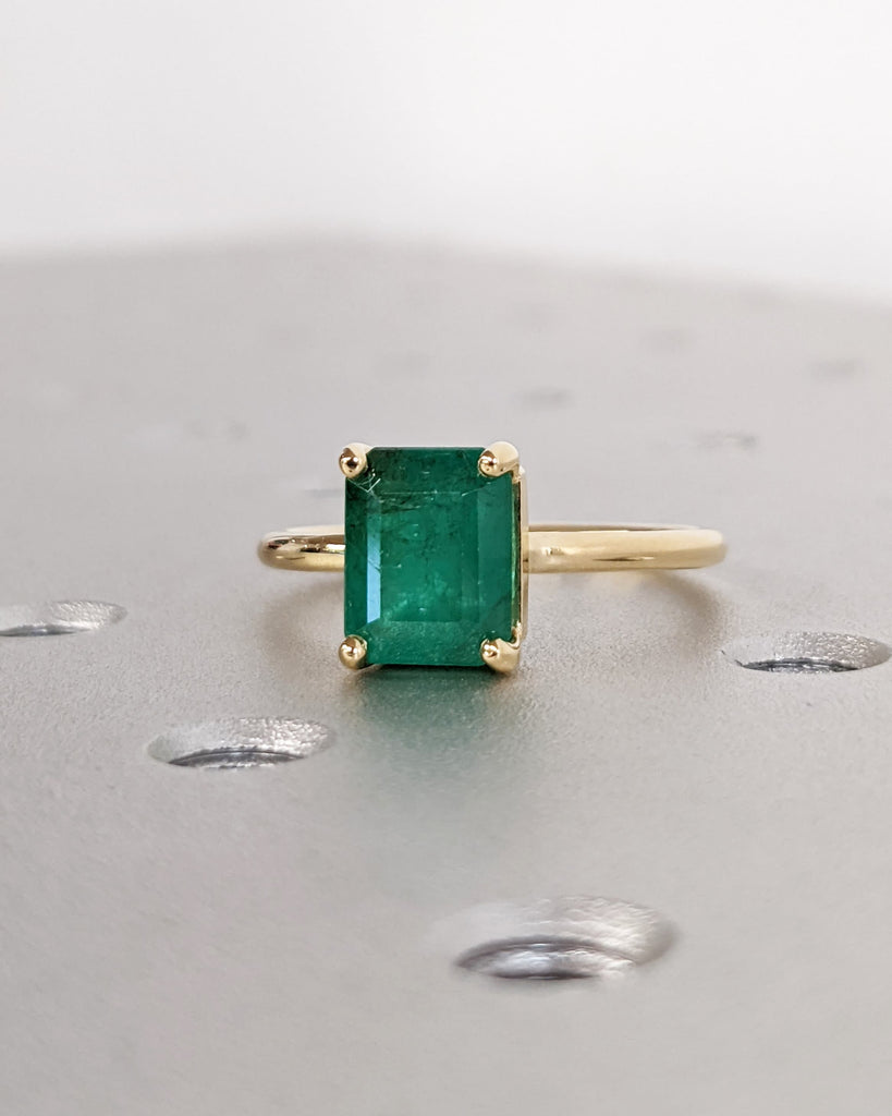 Low Profile Setting Emerald cut Lab Emerald Solitaire Engagement Ring | 14K 18K Yellow Gold Promise Ring for Her | Dainty Women Wedding Band