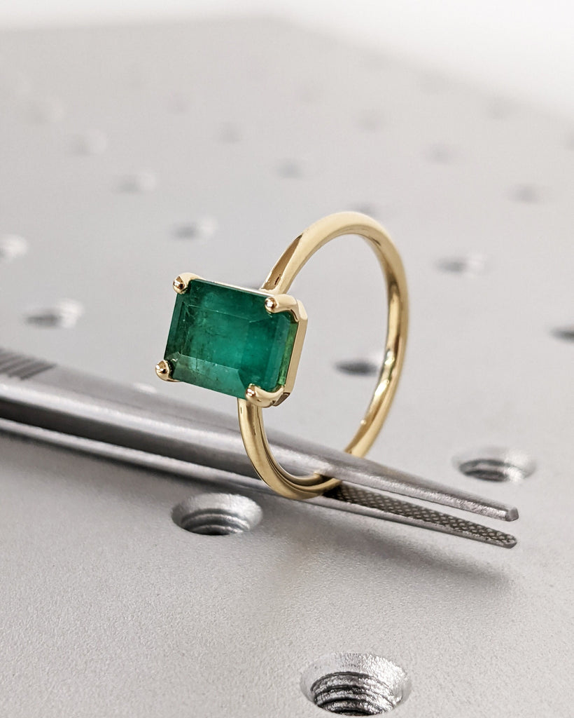 Low Profile Setting Emerald cut Lab Emerald Solitaire Engagement Ring | 14K 18K Yellow Gold Promise Ring for Her | Dainty Women Wedding Band