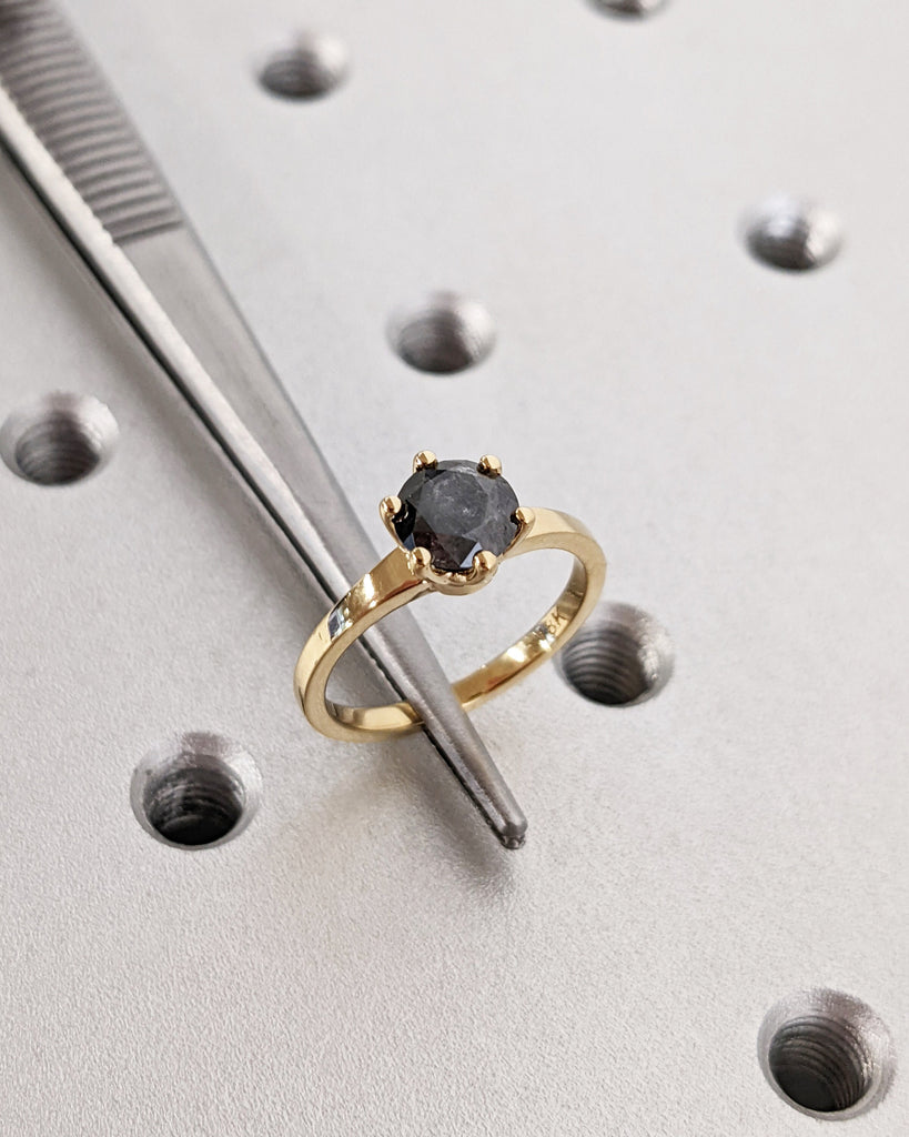 Salt and Pepper Engagement Ring | Brilliant Cut Solitaire Diamond Ring | Round Diamond Wedding Ring | Gold Engagement | 6 Prong | Minimalist