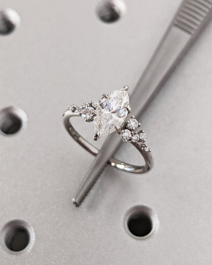 Marquise Lab Grown Diamond Gold or Platinum Engagement Ring | Unique Snowdrift 6 Prong Diamond Cluster Promise Ring | Wedding Ring for Her