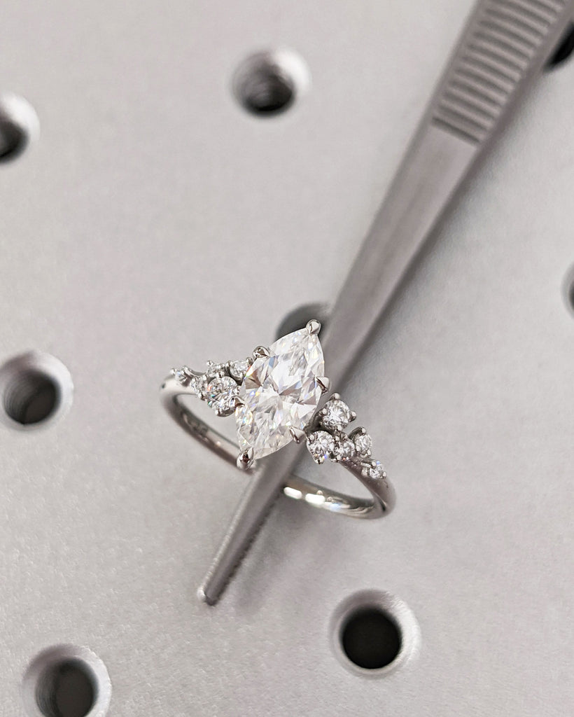 Marquise Lab Grown Diamond Gold or Platinum Engagement Ring | Unique Snowdrift 6 Prong Diamond Cluster Promise Ring | Wedding Ring for Her