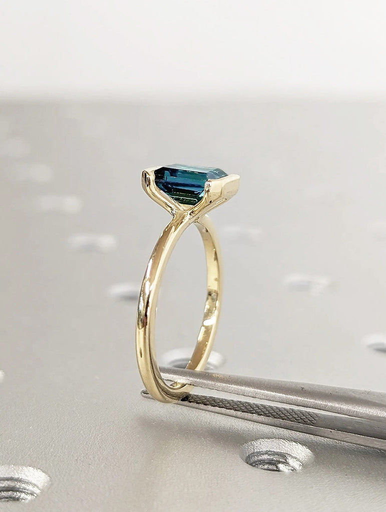 Floating Bezel Emerald cut Blue Green Peacock Sapphire Solitaire Wedding Anniversary Promise Ring for Her | 14K 18K Gold, Platinum Bridal Jewelry