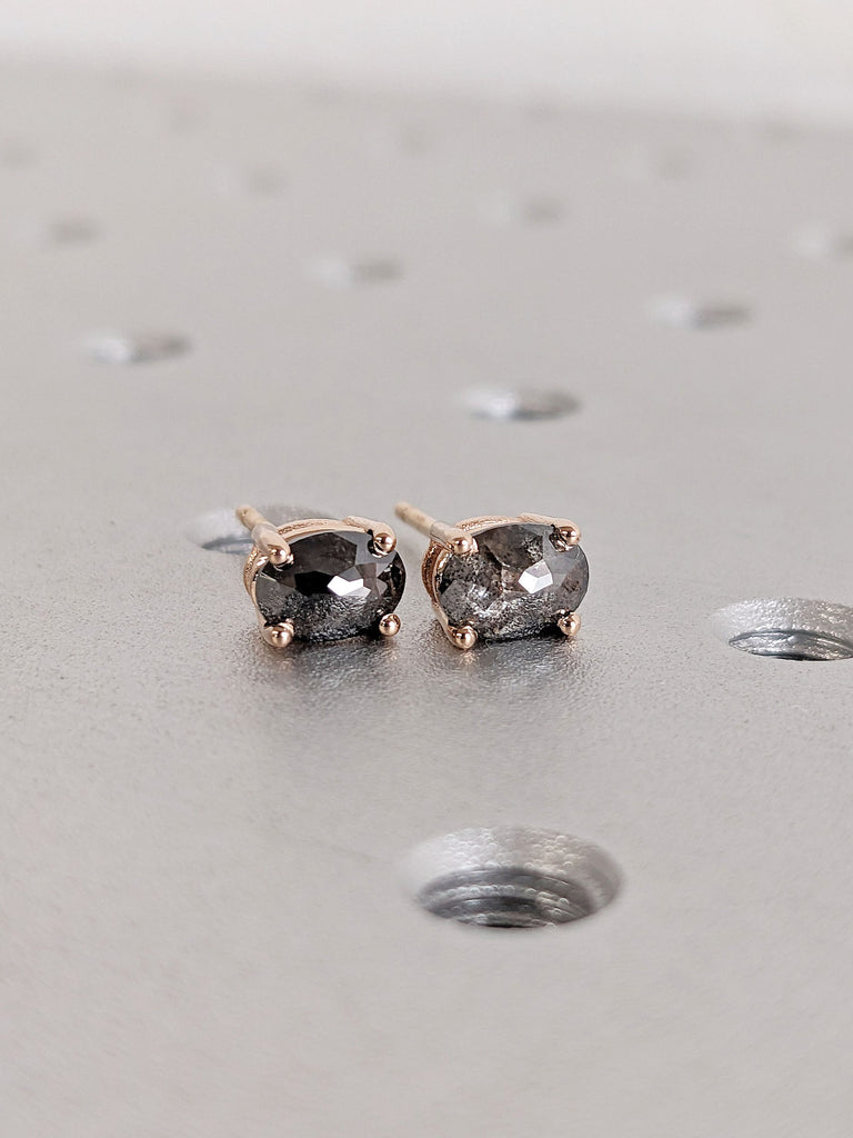 14K Rose Gold Natural Salt and Pepper Grey Diamond Everyday Stud Earrings | Simple Diamond Earrings Wedding Anniversary Gift for Wife