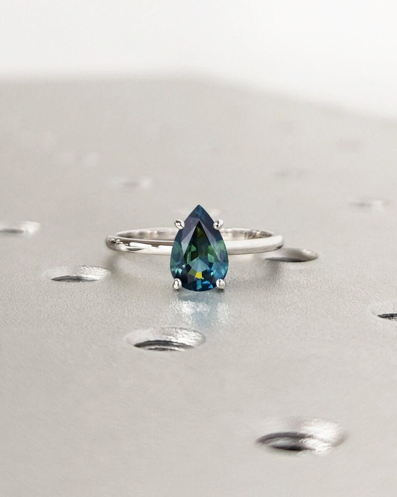 Pear Cut Teal Sapphire Engagement Ring, Teardrop Shape Peacock Blue Green Montana Sapphire, Pear Solitaire Ring, 4 Prong Setting Bridal Ring