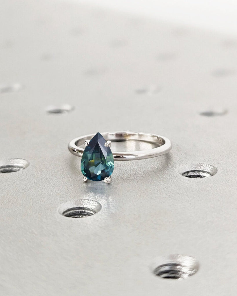 Pear Cut Teal Sapphire Engagement Ring, Teardrop Shape Peacock Blue Green Montana Sapphire, Pear Solitaire Ring, 4 Prong Setting Bridal Ring