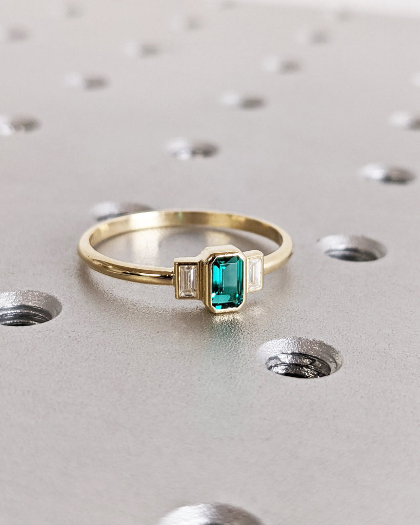 Emerald Baguette Ring 14K Gold Emerald Ring Baguette Emerald Ring 14K Solid Gold Minimalist Emerald Ring Stacking Three Stone Emerald Ring