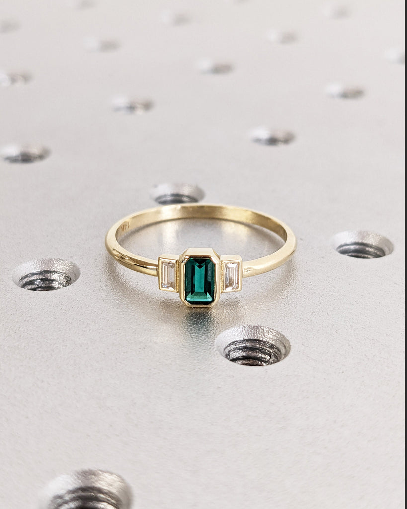 Emerald Baguette Ring 14K Gold Emerald Ring Baguette Emerald Ring 14K Solid Gold Minimalist Emerald Ring Stacking Three Stone Emerald Ring