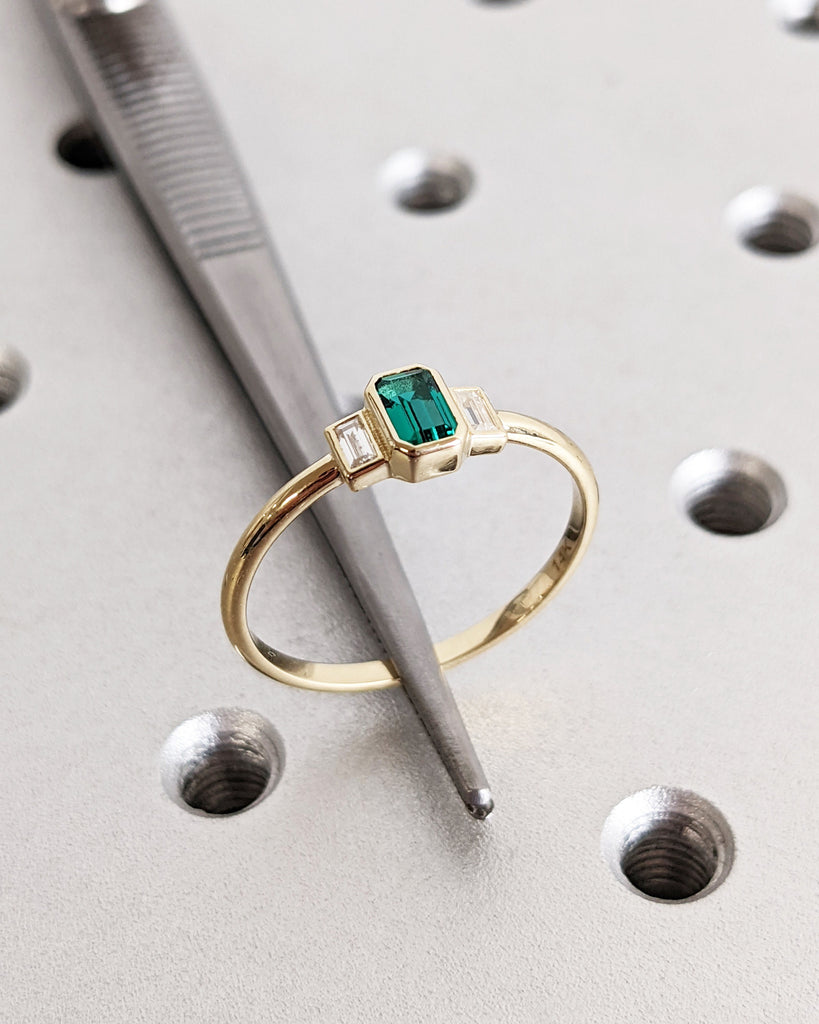 Emerald Baguette Ring 14K Gold Emerald Ring Baguette Emerald Ring 14K Solid Gold Minimalist Emerald Ring Stacking Three Stone Emerald Ring