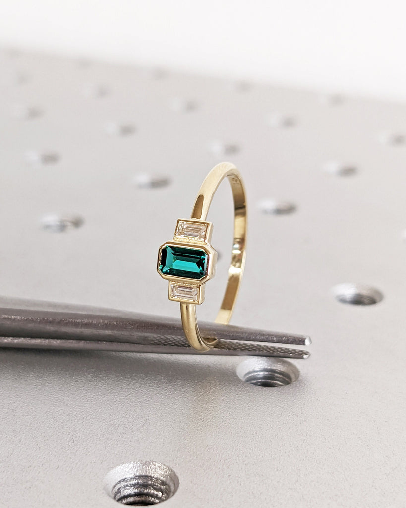 Emerald Baguette Ring 14K Gold Emerald Ring Baguette Emerald Ring 14K Solid Gold Minimalist Emerald Ring Stacking Three Stone Emerald Ring