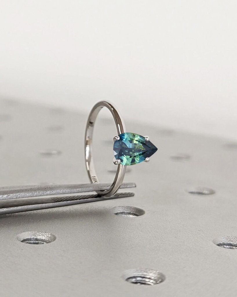 Pear Cut Teal Sapphire Engagement Ring, Teardrop Shape Peacock Blue Green Montana Sapphire, Pear Solitaire Ring, 4 Prong Setting Bridal Ring