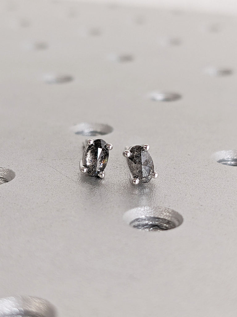 14K White Gold Salt and Pepper Galaxy Diamond Simple Everyday Stud Earrings for Her | Screw Back Solitaire Earrings | Timeless Jewelry Gift