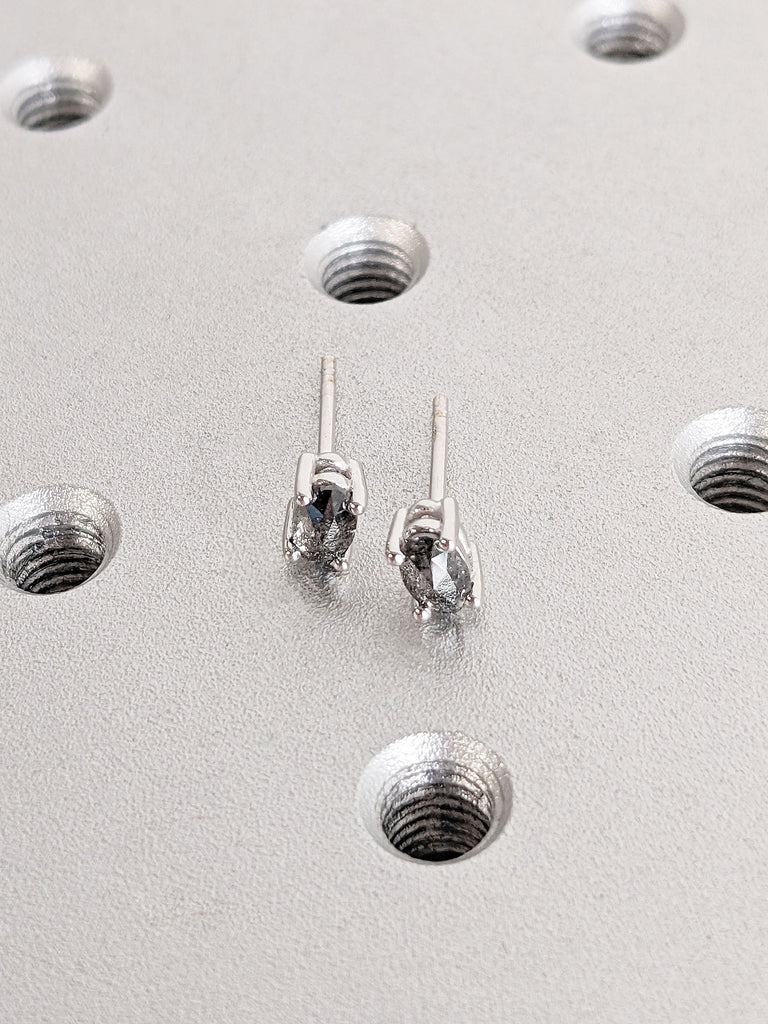 14K White Gold Salt and Pepper Galaxy Diamond Simple Everyday Stud Earrings for Her | Screw Back Solitaire Earrings | Timeless Jewelry Gift