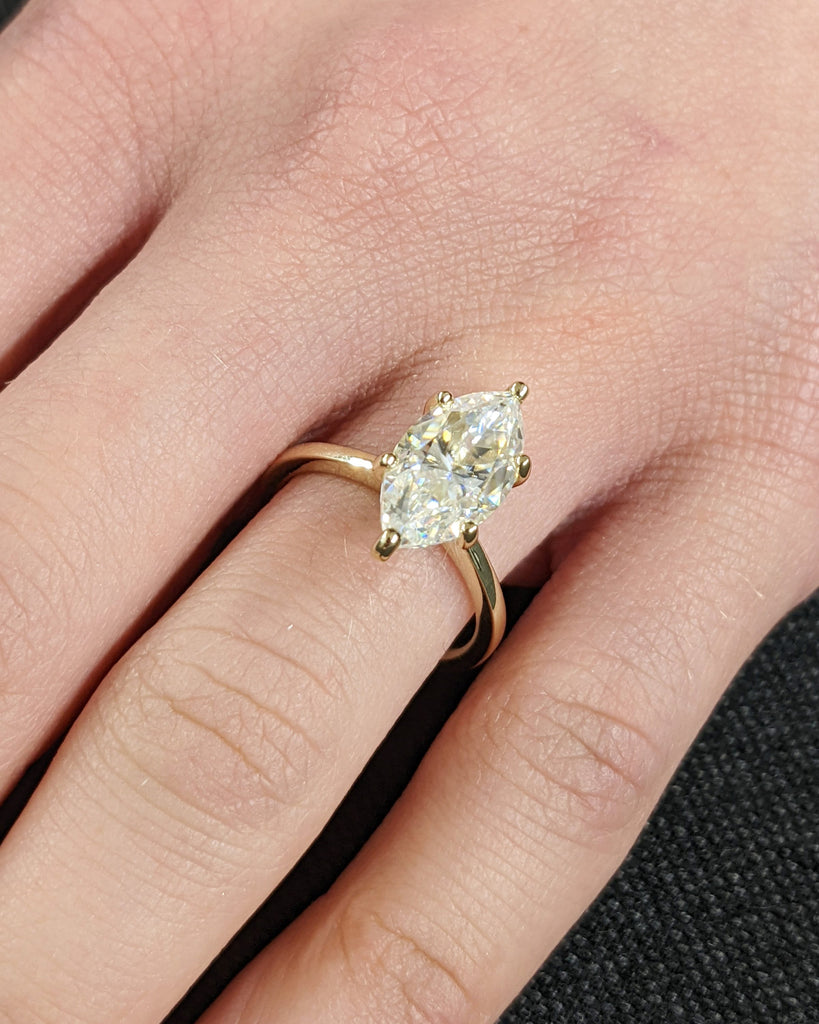 Marquise Engagement Ring, Marquise Lab Diamond Solitaire Engagement Ring, Wedding Ring, Anniversary Ring, 14K Solid Real Gold, Hidden Halo