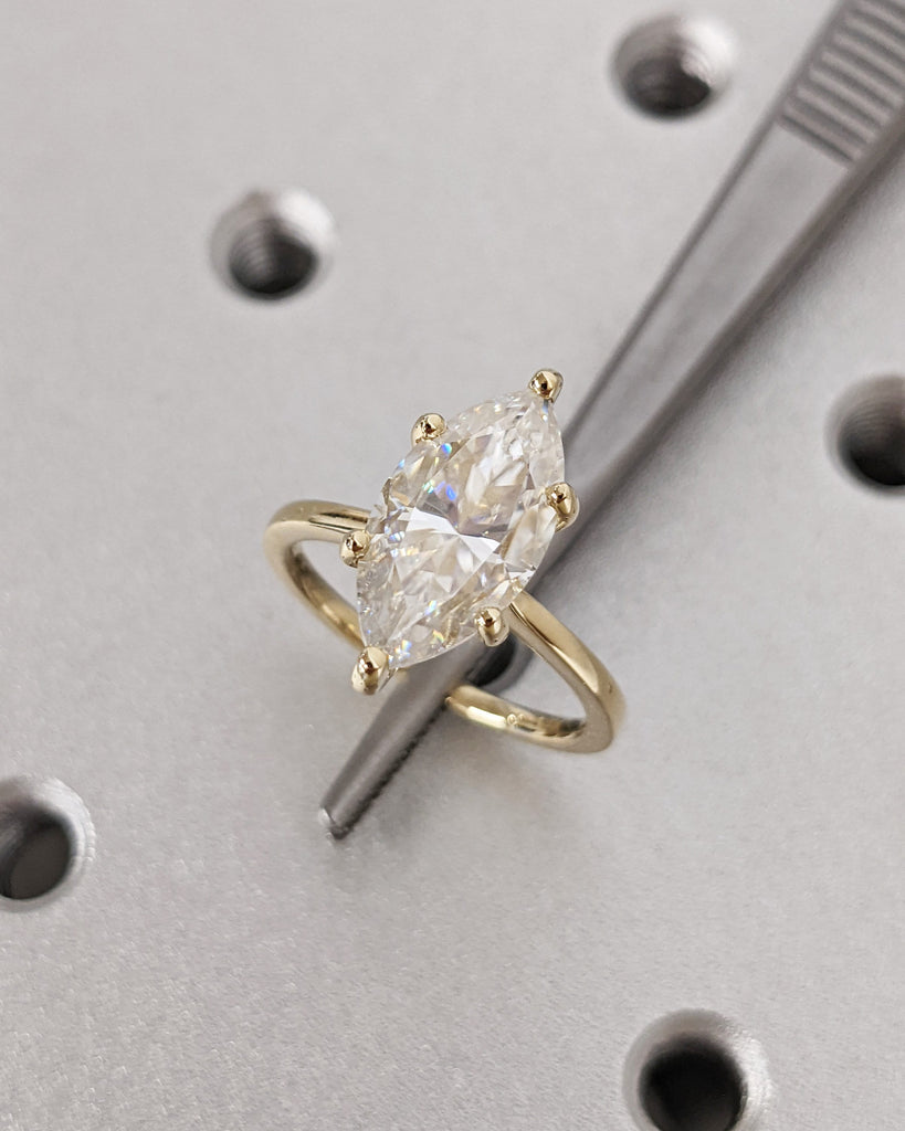 Marquise Engagement Ring, Marquise Lab Diamond Solitaire Engagement Ring, Wedding Ring, Anniversary Ring, 14K Solid Real Gold, Hidden Halo