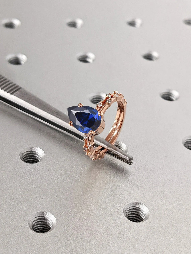 September Birthstone Blue Lab Sapphire Wedding Anniversary Matching Ring set for Wife | 14K 18K Rose Gold Open Gap Diamond Stacking Ring