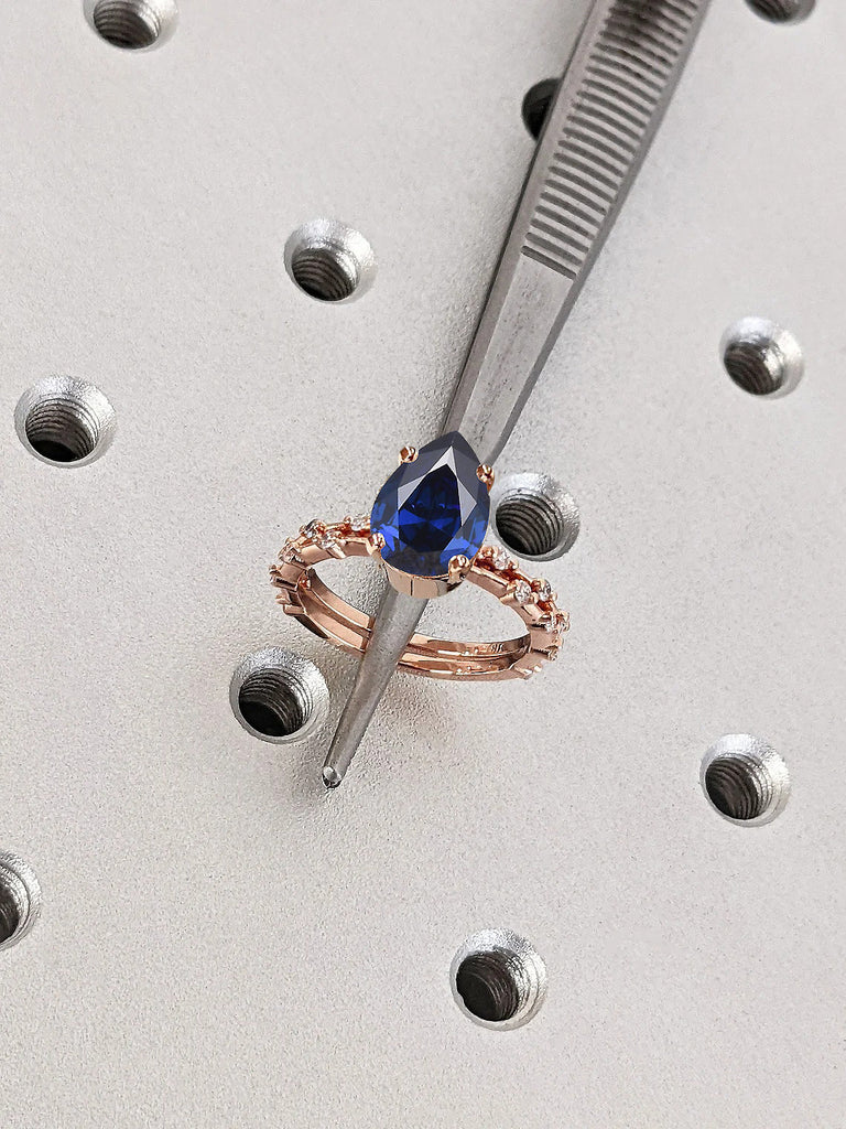 Tear Drop Blue Lab Sapphire Women Unique Proposal Ring | 14K 18K Rose Gold Open Gap Knife Edge Floating Bubble Matching Dainty Diamond Eternity Ring