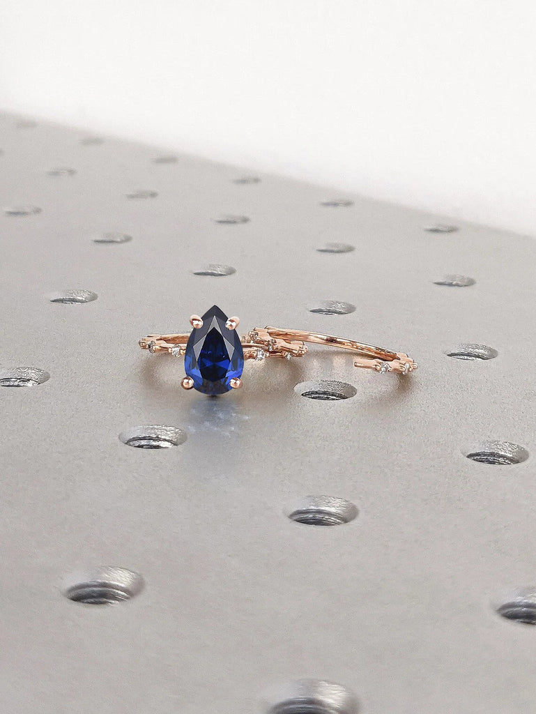 14K Rose Gold Pear cut Blue Lab Sapphire Women Wedding Anniversary Ring | Round Diamond Floating Bubble Dainty Platinum Open Gap Stacking Ring Set