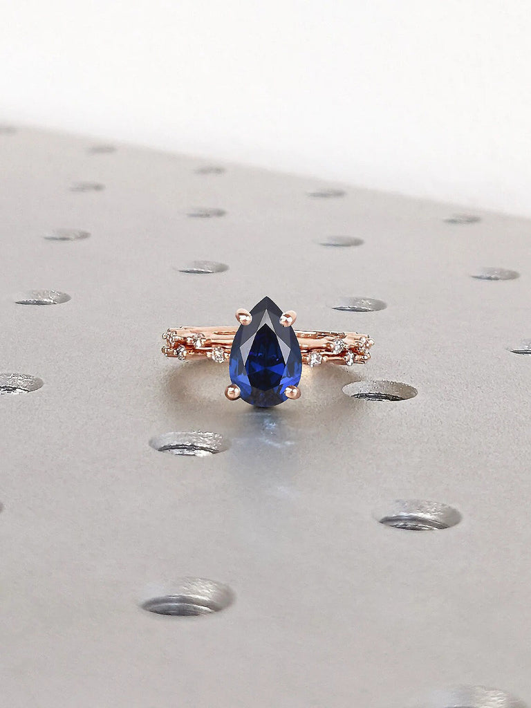 September Birthstone Pear cut Blue Lab Sapphire Women Engagement Cocktail Ring | 14K Rose Gold Unique Distance Band Moissanite Eternity Ring