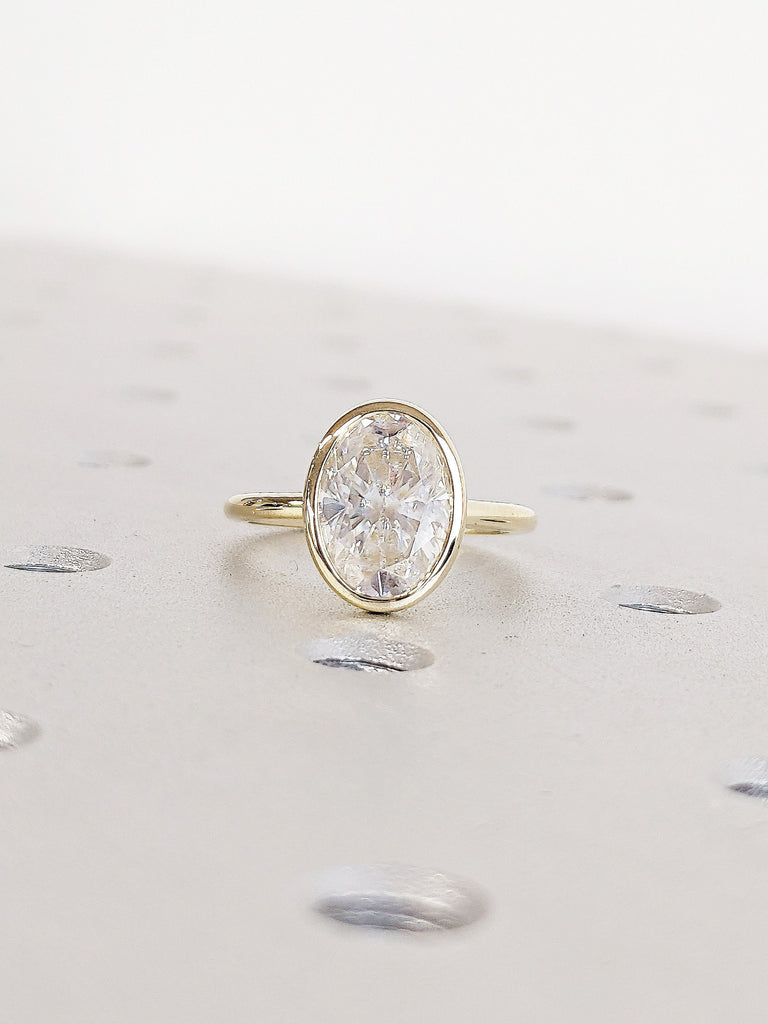 14K 18K Gold Oval cut Lab Grown Diamond Solitaire Women Wedding Anniversary Ring | Bezel set Open Gallery Dainty Statement Ring Jewelry