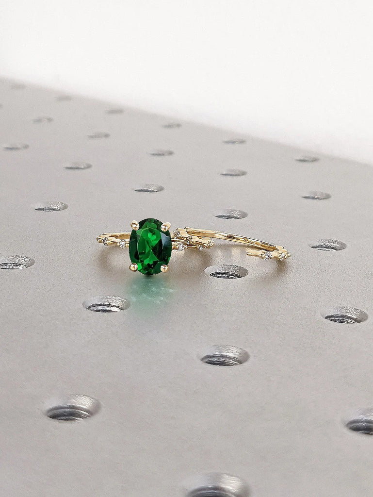 2ct Oval cut Green Lab Created Emerald Women Engagement Cocktail Ring | 14K 18K Yellow Gold Round Moissanite Open Gap Eternity Ring | Alternative Bridal Jewelry