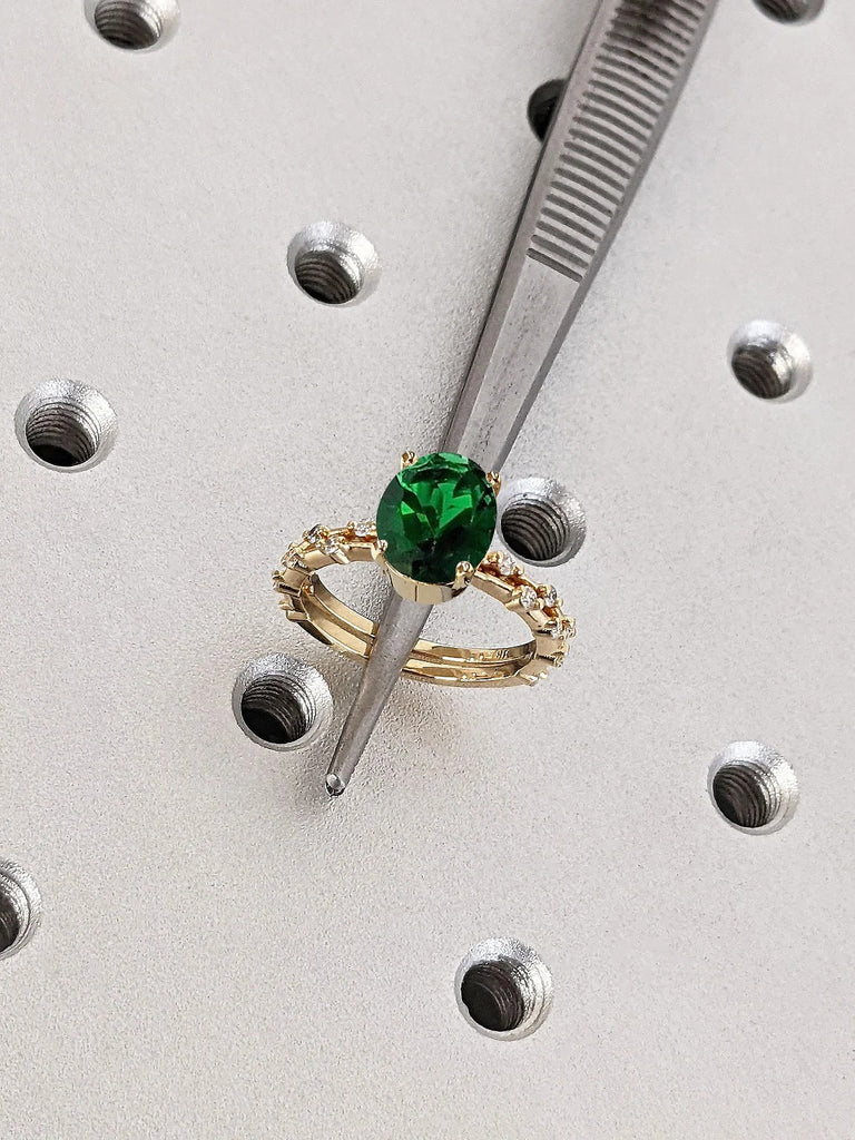 May Birthstone Green Lab Grown Emerald Wedding Anniversary Ring For Wife | Solid Gold, Platinum Round Moissanite Floating Bubble Open Gap Matching Eternity Ring