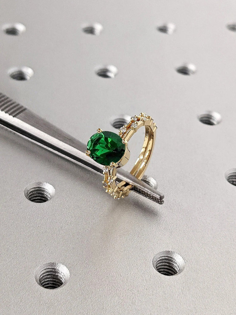 2ct May Birthstone Oval cut Green Lab Emerald Women Wedding Anniversary Promise Ring | 14K 18K Solid Yellow Gold Round Moissanite Eternity Ring | Platinum Bridal Jewelry
