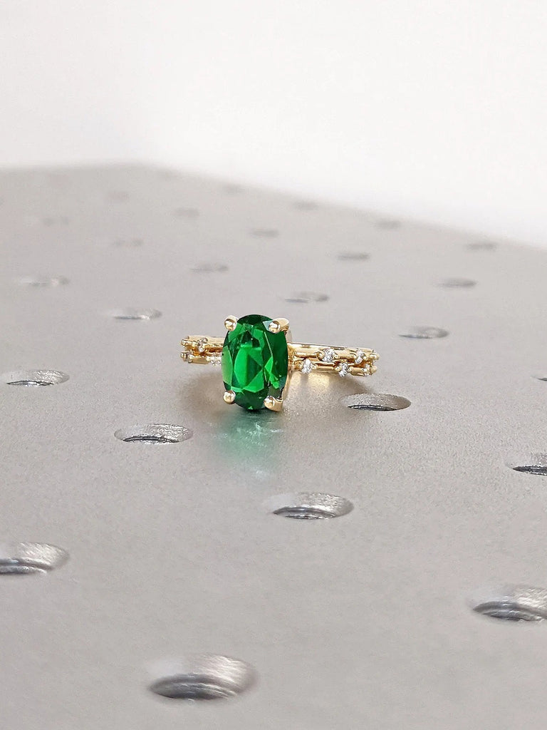 2ct oval cut May Birthstone Lab Created Emerald Women Unique Proposal Wedding Ring Set | 14K 18K Gold, Platinum Knife Edge Band Round Diamond Dainty Eternity Ring | Personalized Bridal Jewelry