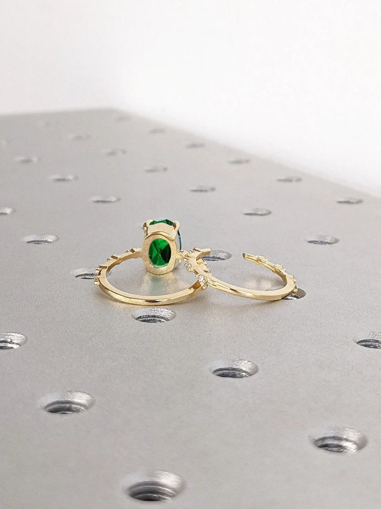 Solid Gold Green Lab Emerald Wedding Anniversary Matching Diamond Eternity Ring set for Wife | Knife Edge Thin Bridal Band | Unique Jewelry