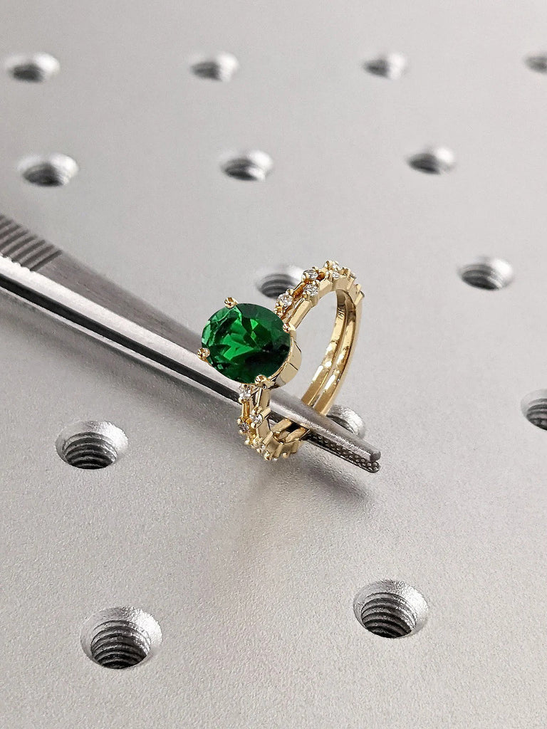 Solid Gold Green Lab Emerald Wedding Anniversary Matching Diamond Eternity Ring set for Wife | Knife Edge Thin Bridal Band | Unique Jewelry