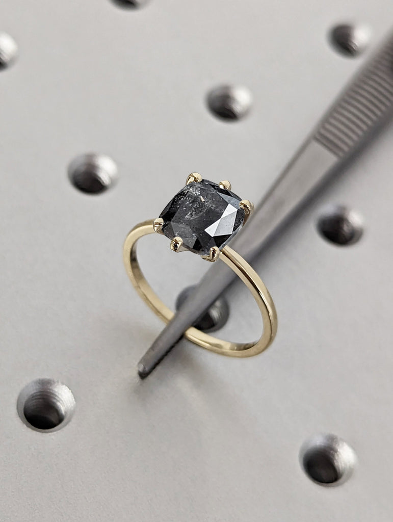 Galaxy Raw Salt and Pepper Diamond Ring- Cushion Cut Diamond Engagement Rings- Unique Bridal Geometric Diamond Promise Ring- Minimalist Ring