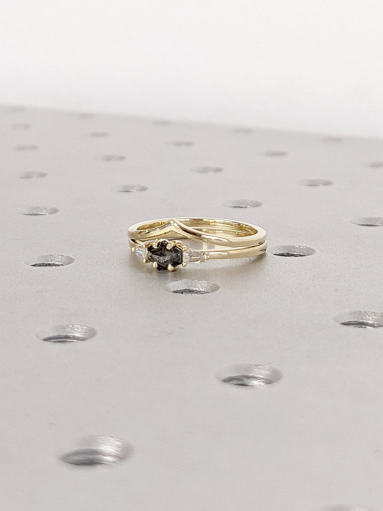 Hexagon Salt and Pepper Diamond Engagement Cocktail Ring Set | Matching 14K Yellow Gold Dainty Chevron V Shape Band | Unique Proposal Ring