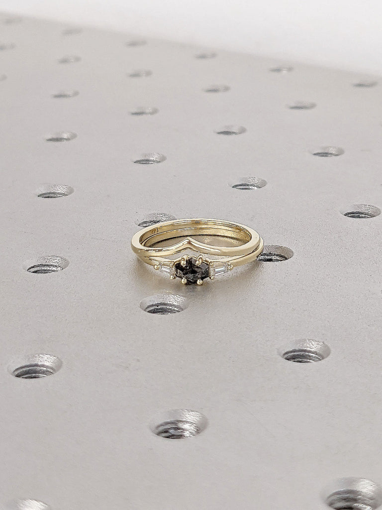 Hexagon Salt and Pepper Diamond Engagement Cocktail Ring Set | Matching 14K Yellow Gold Dainty Chevron V Shape Band | Unique Proposal Ring