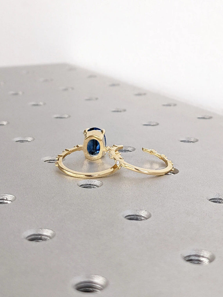 Oval cut Lab Grown Sapphire 14K 18K Yellow Gold Women Engagement Cocktail Ring | Dainty Platinum Round Diamond Eternity Stacking Ring Set
