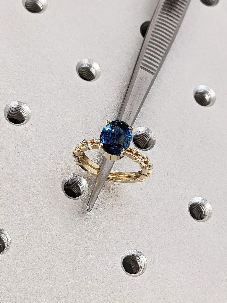 2ct September Birthstone Oval cut Blue Lab Sapphire Solitaire Wedding Anniversary Ring for Her | Solid Gold, Platinum Knife Edge Thin Bridal Band | Diamond Half Eternity Ring