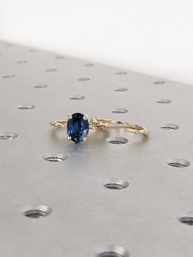 September Birthstone Oval Lab Sapphire Unique Engagement Cocktail Ring for Her | 14K Yellow Gold Dainty Moissanite Stacking Eternity Ring