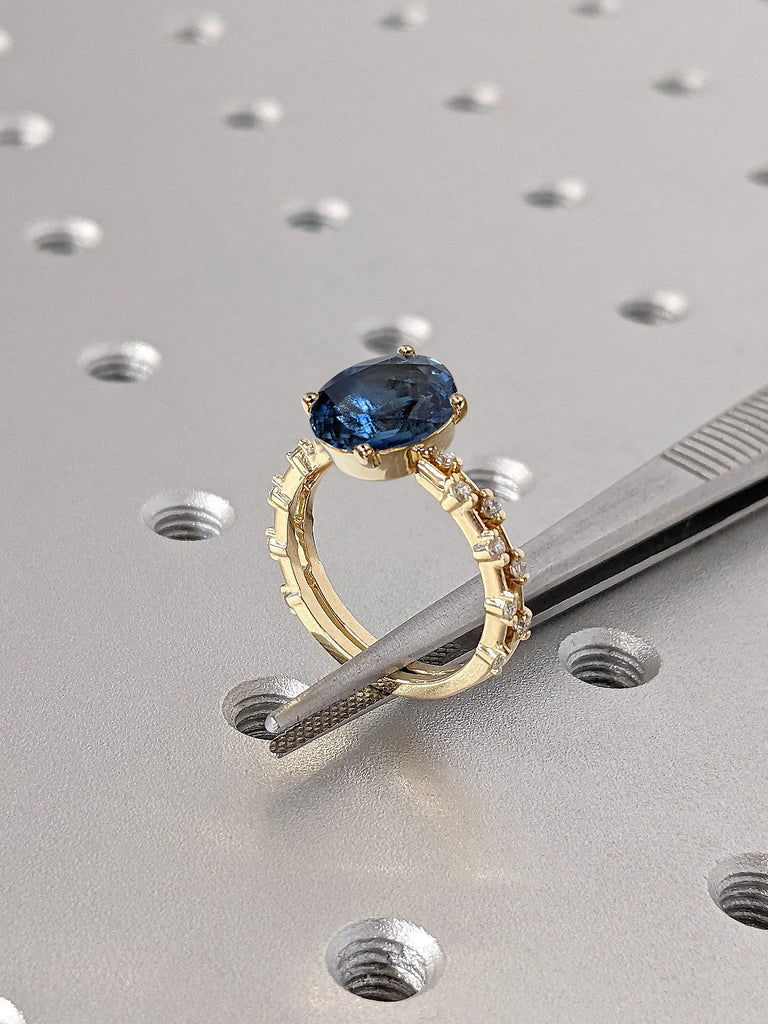 September Birthstone Oval Lab Sapphire Unique Engagement Cocktail Ring for Her | 14K Yellow Gold Dainty Moissanite Stacking Eternity Ring