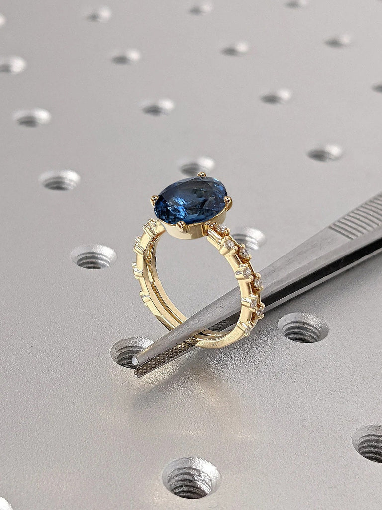 Dainty 14K Yellow Gold Wedding Anniversary Stacking Ring Set | Oval cut Lab Grown Sapphire Women Proposal Ring | Blue Crystal Bridal Jewelry