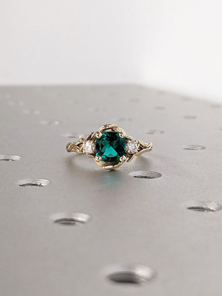 1ct Cushion cut Green Lab Grown Emerald May Birthstone Cocktail Ring | Twigs Leafs 14K 18K Yellow Gold 3 Stone Wedding Anniversary Ring | Alternative Bridal Jewelry
