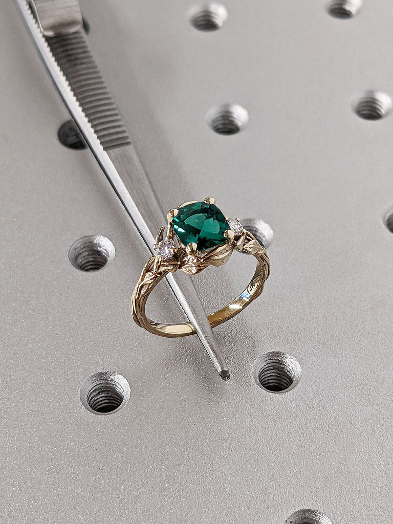 1ct Cushion cut Lab Grown Emerald Women Engagement Cocktail Ring | Nature Inspired 14K 18K Solid Gold Moissanite Wedding Anniversary Ring | Alternative Bridal Jewelry