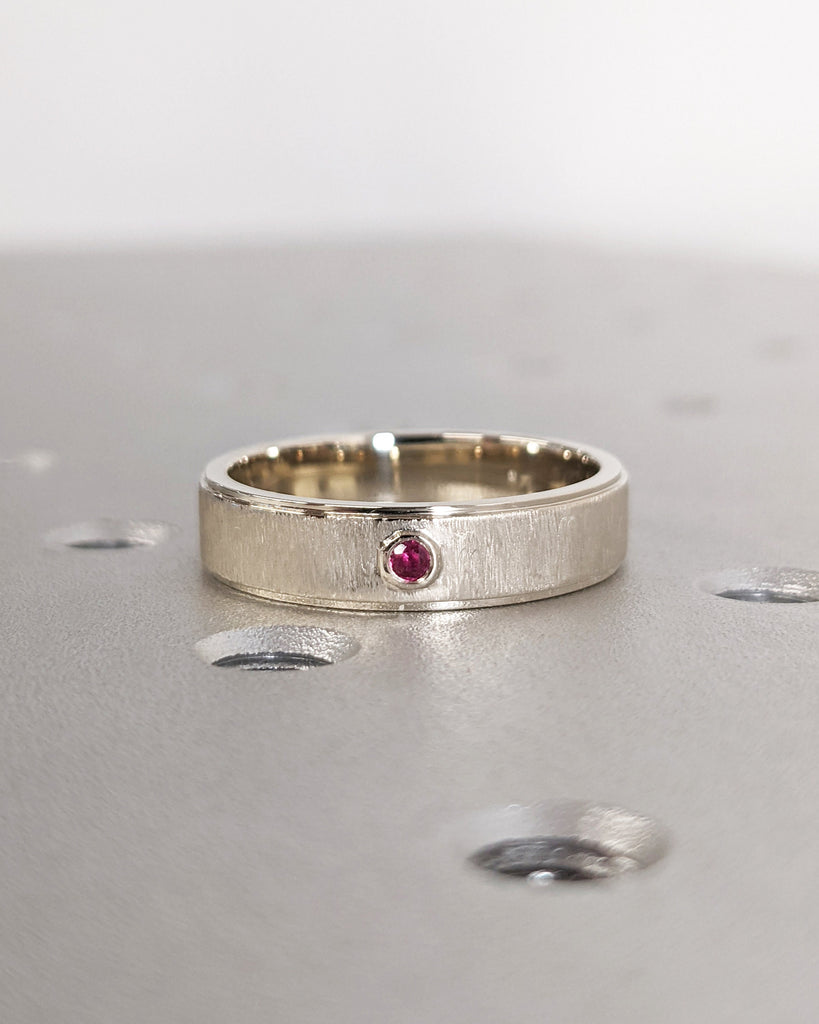 Ruby Men's Ring | 14K White Gold Men's Wedding Band With Ruby | 14K Gold Rough Faceted Men's Ring | 5mm Band | Custom Men's Engagement Ring