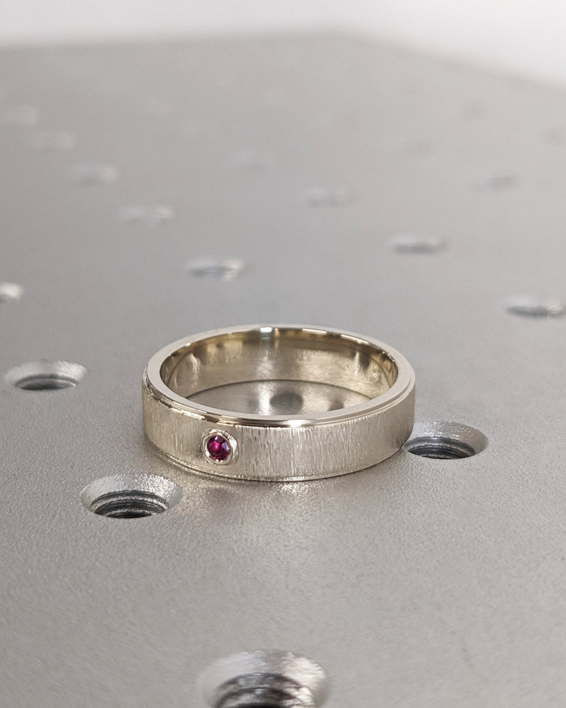 Ruby Men's Ring | 14K White Gold Men's Wedding Band With Ruby | 14K Gold Rough Faceted Men's Ring | 5mm Band | Custom Men's Engagement Ring