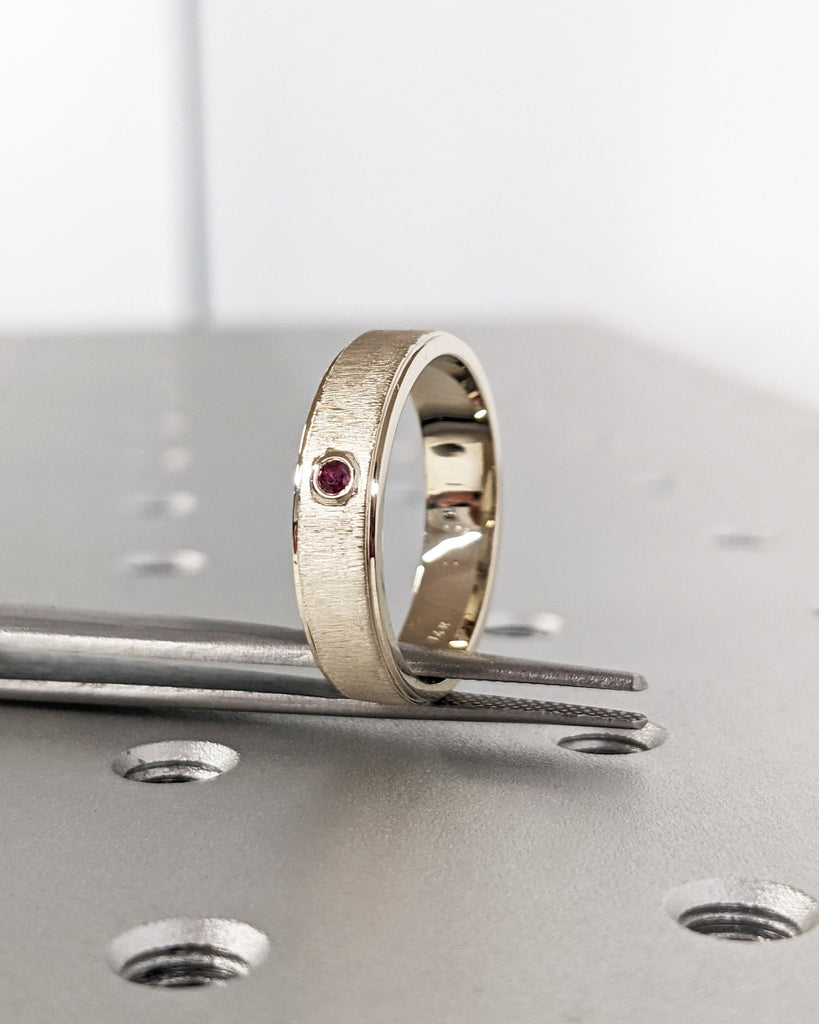 Ruby Men's Ring | 14K White Gold Men's Wedding Band With Ruby | 14K Gold Rough Faceted Men's Ring | 5mm Band | Custom Men's Engagement Ring