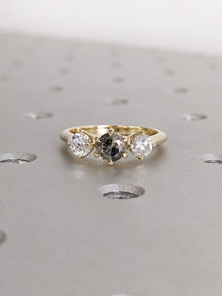 Multi Stone Salt and Pepper Galaxy Diamond Women Engagement Cocktail Trinity Ring | Art Deco Real Gold, Platinum Personalized Bridal Jewelry