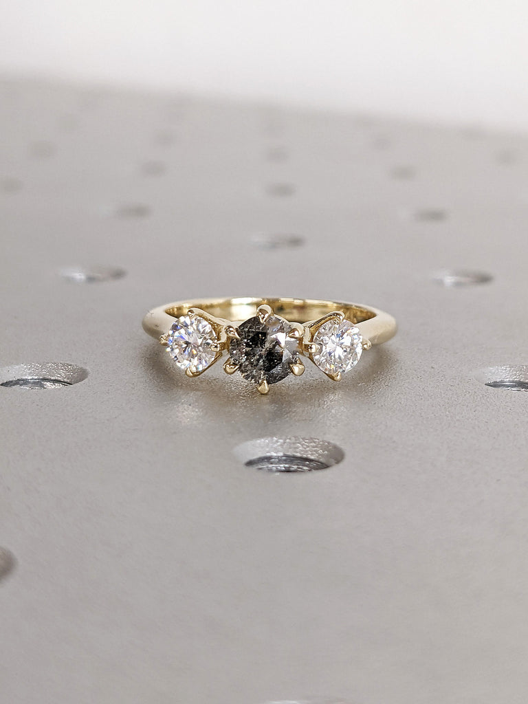 Round cut Natural Salt and Pepper Grey Diamond 3 Stone Trilogy Wedding Anniversary Ring | 14K 18K Solid Gold Unique Proposal Ring for Her