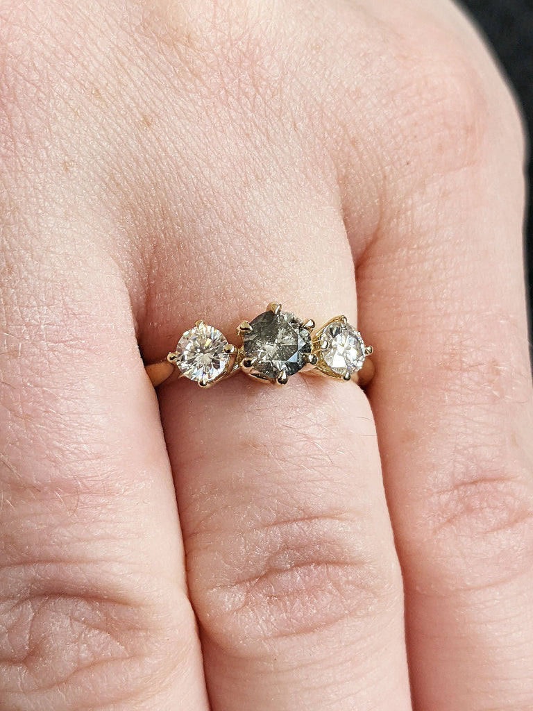 Natural Salt and Pepper Grey Diamond Multi Stone Trinity Wedding Anniversary Ring | Solid Gold Diamond Cluster Unique Trellis Proposal Ring