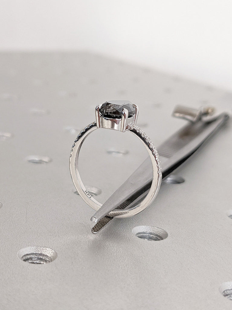 Pear cut Icy Salt and Pepper Galaxy Diamond Unique Proposal Ring for Her | 14K 18K Gold Talon Prong Solitaire Ring | Alternative Bridal